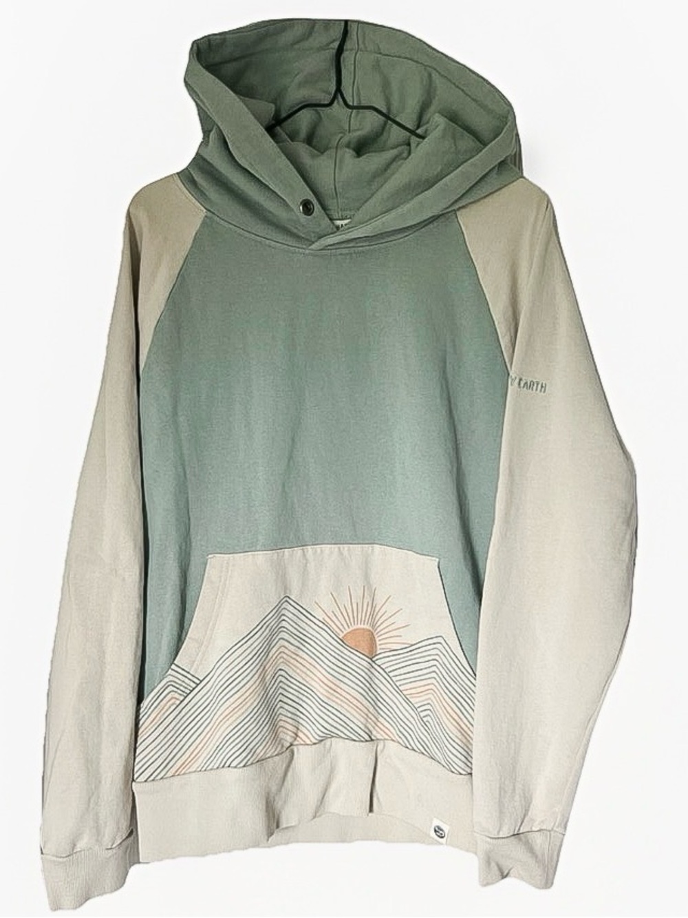 Happy Earth Organic Cotton Mountain Graphic Hoodie Sage Green Cream Medium
